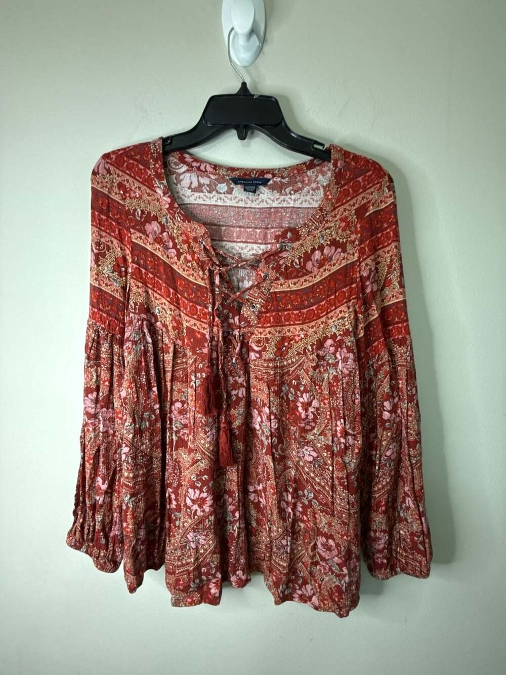 American Eagle Red Paisley Floral Print Boho Lace-Up Peasant Blouse